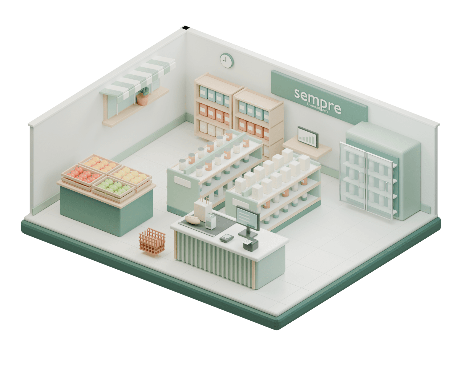 Maqueta de un comercio de cercanía con almacén, frescos y caja
